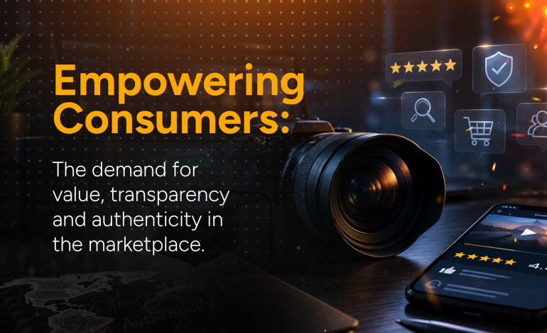 Empowering Consumers: the demand for value, transparency and authenticity in the marketplace — Mirror Multimedia Communications blog header showing a camera and smartphone with review and rating icons.