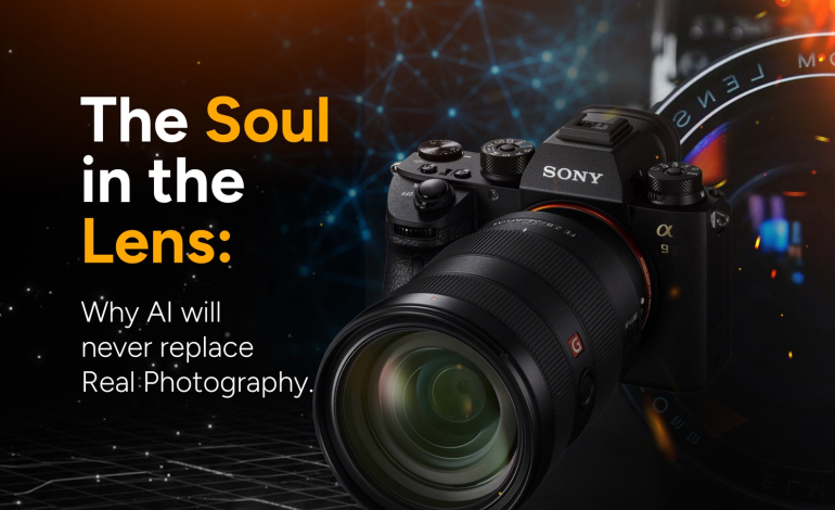The Soul in the Lens: why AI will never replace real photography — Mirror Multimedia Communications blog header showing a Sony mirrorless camera against a glowing digital network background.