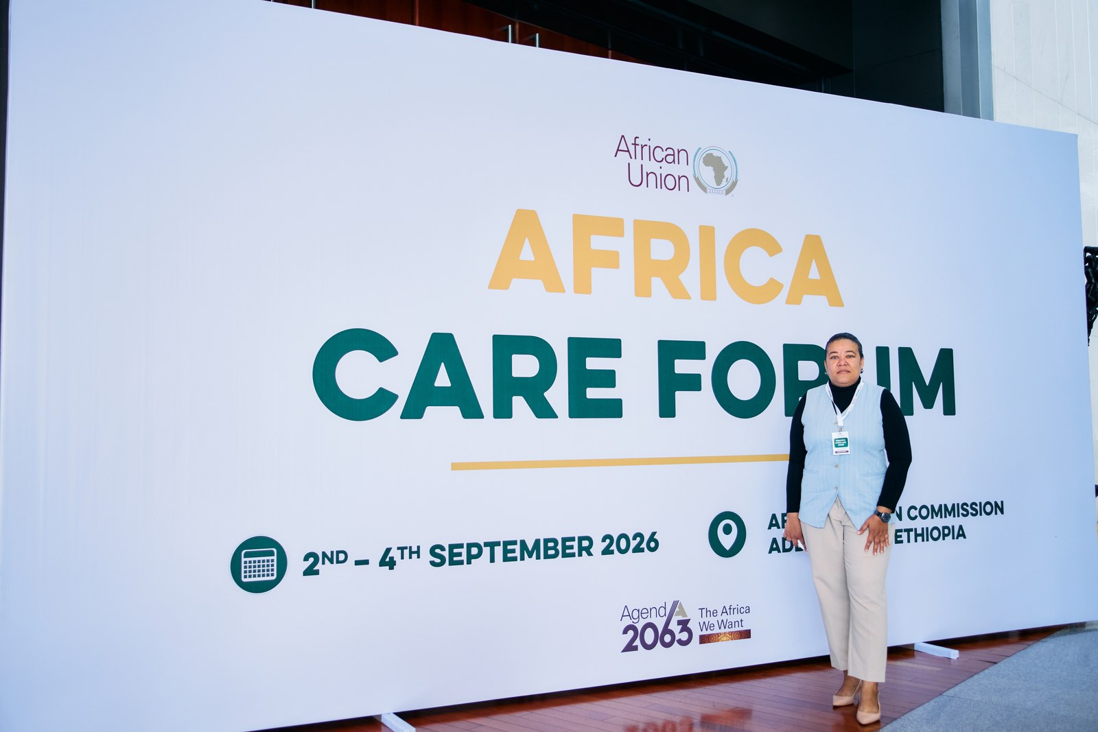 Africa Care Forum signage at the African Union Commission in Addis Ababa showing the forum dates of 2 to 4 September 2026