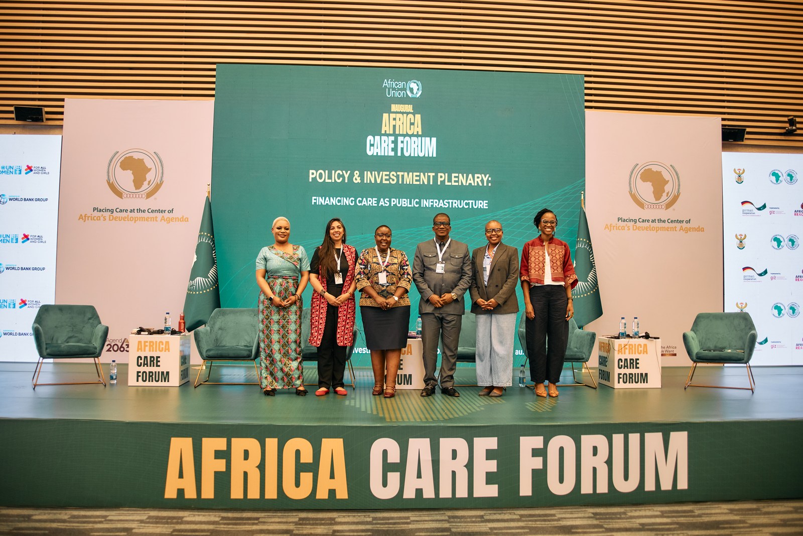 Panellists on stage for the Policy and Investment Plenary on financing care as public infrastructure at the Africa Care Forum